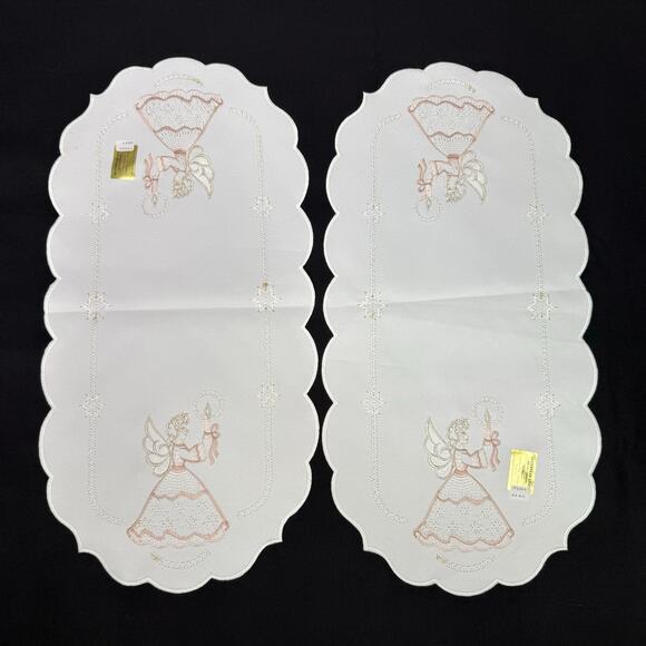 Set 2 German Embroidered Christmas Angels Table Runners 11x22 Pink Gold Thread - Picture 6 of 6